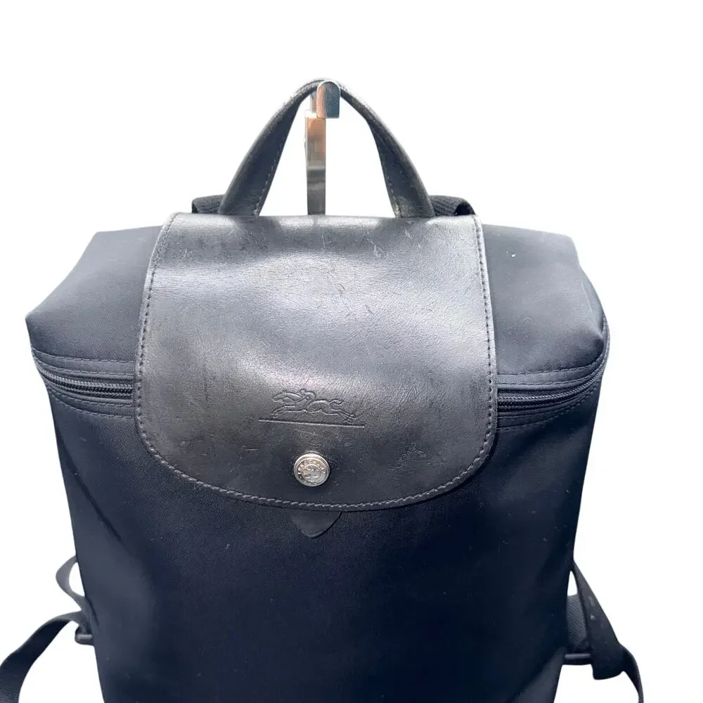 Longchamp Paris Le Pliage Black Nylon Leather Backpack Made in France Vintage